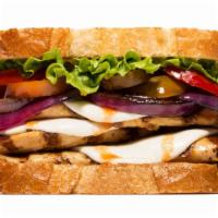 Spicy Chicken Sandwich · Grilled chicken breast with melted fresh mozzarella cheese, grilled onion, green leaf lettuc...