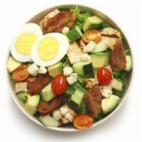 Cobb Salad · Grilled chicken, avocado, bacon bits, crumbled bleu cheese, cucumber, hard boiled egg, romai...