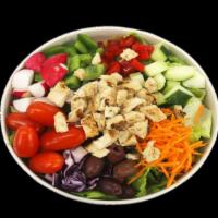 Garden Salad · Romaine lettuce, kalamata olives, carrot, cucumber, green peppers, yellow peppers, red cabba...