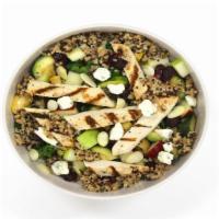 Spring Bowl · Warm organic quinoa, kale, grilled chicken, apple, grilled zucchini, blue cheese, dried cran...