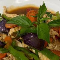 Pad Kra Pow · Sauteed basil leaves, eggplant, carrot, onion and bell pepper.