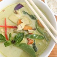 Gaeng Kiew Warn · Green curry. Thai-style green curry with bamboo shoot, basil leave, carrot, eggplant, green ...