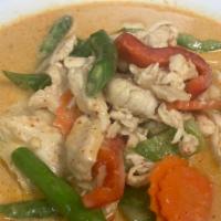 Gaeng Panang Curry · Panang curry paste in coconut milk, bell pepper, carrot, green bean and basil leave.