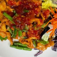 City Chicken · Sauteed crispy chicken and green beans with chef's special sauce.