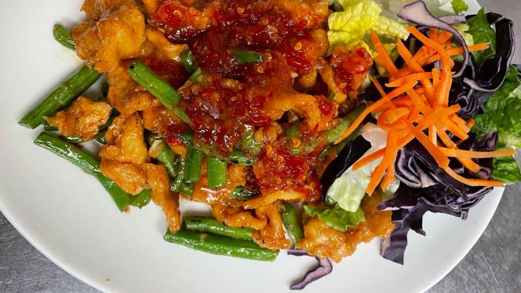 City Chicken · Sauteed crispy chicken and green beans with chef's special sauce.