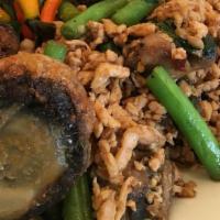 Kra Prow Grob And Fried Egg · Wok-fried grounded chicken, basil leaves, onions, mushroom, string beans, in basil sauce, to...