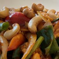 Chicken Cashew Nut · Sauteed chicken with onion, bell pepper, scallion, and cashew nut