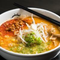 Miso Ramen · Wavy noodle, soy bean paste broth, topped with tamago, scallion, menma, bean sprouts, corn, ...