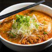 Kimchi Ramen · Wavy noodle, spicy soy sauce based, topped with kimchi, tamago, scallion, cabbage.