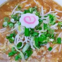 Sura Ramen · Wavy noodle, hot and sour egg drop soup with bean sprout, scallion, fish cake