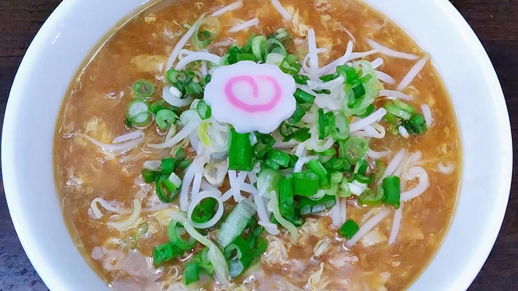 Sura Ramen · Wavy noodle, hot and sour egg drop soup with bean sprout, scallion, fish cake