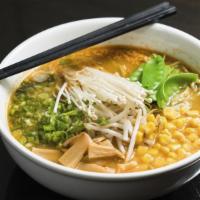 Vegetable Miso Ramen · Green spinach noodle, scallion, menma, bean sprouts, corn, snow peas, enoki mushroom in vege...