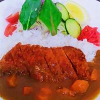Pork Katsu Curry · fried port curry with rice and salad