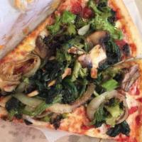 Vegetable Pizza Slice · Mozzarella cheese, broccoli, spinach, mushrooms, onions, and eggplant.