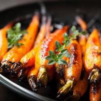 Roasted Baby Carrots · Served with hummus & sumac. (vegan)