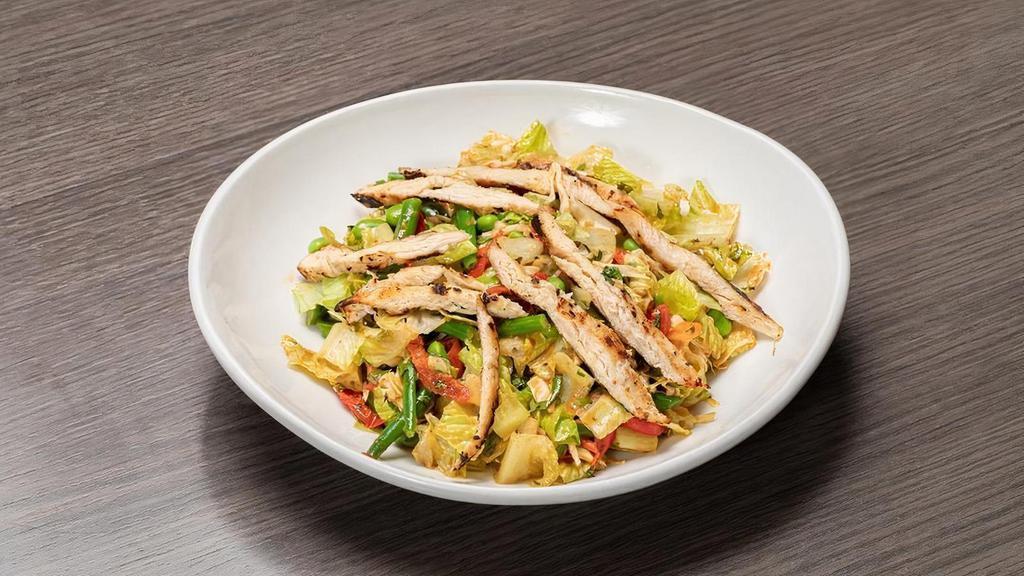 Asian Chicken Salad 2.0 · Grilled chicken, romaine, peppers, green beans, peanuts, scallions, cilantro, sesame seeds, cabbage, hoisin dressing