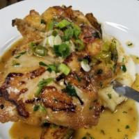 Brick Chicken · Mashed potatoes, brussels sprouts.