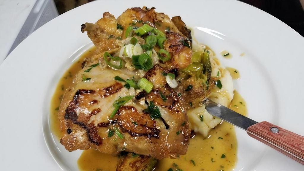 Brick Chicken · Mashed potatoes, brussels sprouts.
