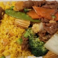 Beef Chop Suey · Served with rice.