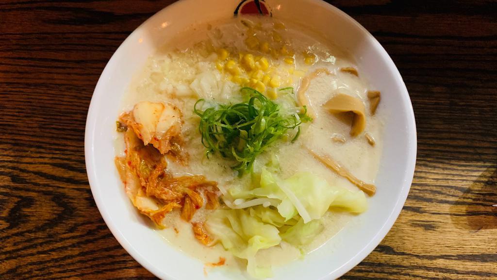 Vegetable Miso · Vegetable Broth w/ Organic Miso, Cabbage, Bean Sprouts, Onion, Scallion, Kimchi, Corn, & Bamboo Shoot.