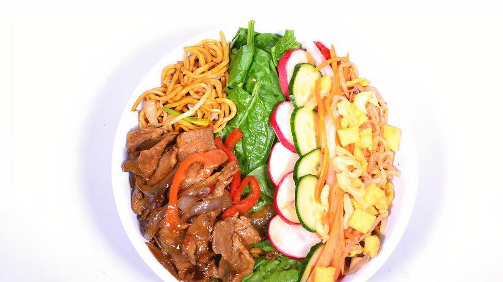 Pepper Steak W. Onion Noodle Bowl · Add protein for additional charge.