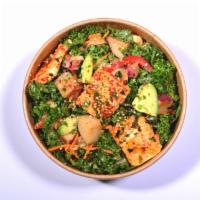 Korean Tofu Avocado Salad · With wasabi sesame. Served with soy braised potato, kale, pickled carrot, stir-fried red pep...
