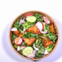 Tofu Kale Salad · With honey dijon dressing. Served with garlic tofu, carrots, arugula, kale, red radish, cucu...