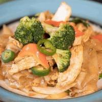 Drunken Noodle · (Sauteed Flat Noodle with Egg, Bell Peppers, Onions,Broccoli, Basil Leaves, Garlic and Chill...