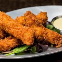 Chicken Fingers · Panko crusted chicken strips, flash-fried, and served with honey mustard