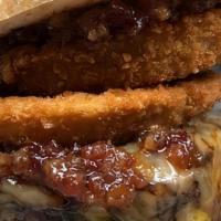The 43 Burger · Butcher shop ground brisket with maple bourbon bacon jam, whiskey cheddar, and a fried onion...