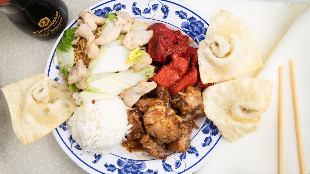 Regular Plate · Won Ton, Crispy Chicken, sweet and sour spareribs, noodle, and steamed rice.