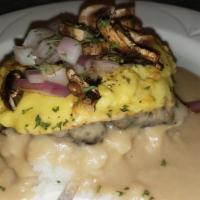  Vegan Faux Moco · Vegan TOS patty on a bed of rice with JUST Egg vegan scrambled eggs smothered in vegan brown...