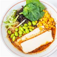 Vegetarian Spicy Miso Ramen · House togarashi miso blend + vegan dashi; tempura-fried tofu, sweet corn, edamame, kikurage,...