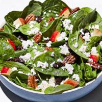Enlightened Spinach Salad · Fresh spinach, dried cherries, diced apples, house-made glazed pecans and authentic sheep’s ...
