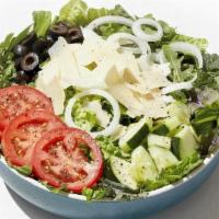 House Salad · A medley of fresh greens mixed with freshly chopped Romaine topped with Roma tomatoes, cucum...