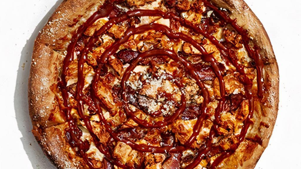 Funky Q Chicken · Shredded mozzarella topped with BBQ chicken, sharp cheddar cheese, caramelized onions and applewood-smoked bacon. And to keep it funky, finished with a swirl of BBQ sauce..