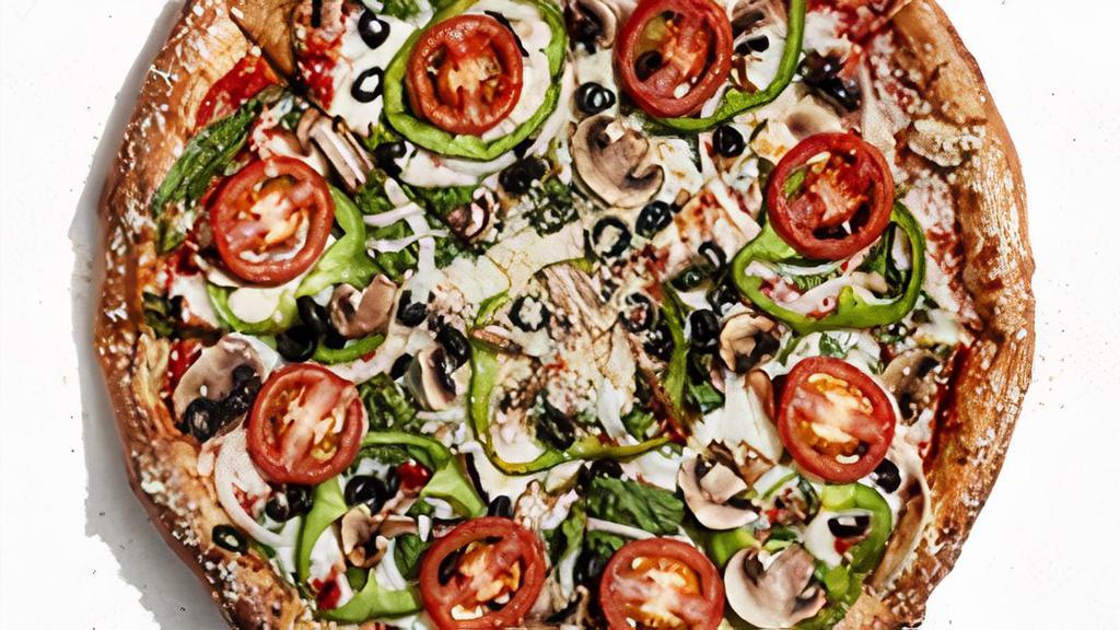 Veg Out · Mellow takes veggies to the max. This pie starts with Mellow red sauce layered with mozzarella, spinach, green peppers, sliced mushrooms, sweet onions, black olives and Roma tomatoes..