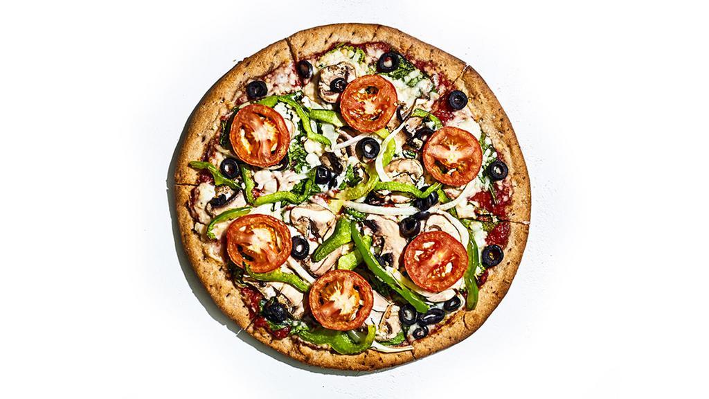 Gluten-Free Veg Out · Mellow takes veggies to the max. This pie starts with gluten-free crust (available only in size small) and Mellow red sauce layered with mozzarella, spinach, green peppers, sliced mushrooms, sweet onions, black olives and Roma tomatoes.