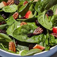 Vegan Enlightened Spinach Salad · Fresh spinach, dried cherries, diced apples, and house-made glazed pecans. Don’t worry, we'v...