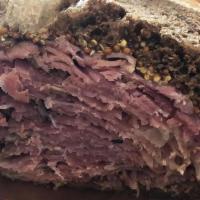 The Irving · house pastrami, grilled marble rye, whole grain mustard