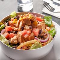 Bbq Chicken Salad · grilled chicken breast, red onion, tomato, corn, spring mix, black beans, tortilla strips, h...