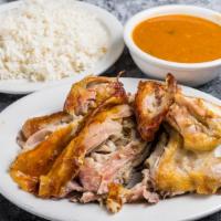 Muslo O Pechuga De Pollo / 1. Chicken Thighs Or Breast  · Servido con arroz y habichuelas o tostones o maduros o yuca. / Served with rice and beans or...