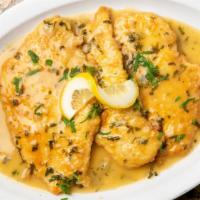 Chicken Francese · Lemon juice touch of butter in white wine sauce. Served with vegetable or side salad and pas...