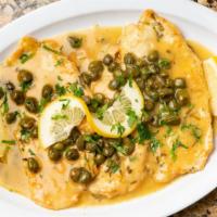 Chicken Piccata · Sautéed capers, touch of lemon juice, and white wine. Served with vegetable or side salad an...