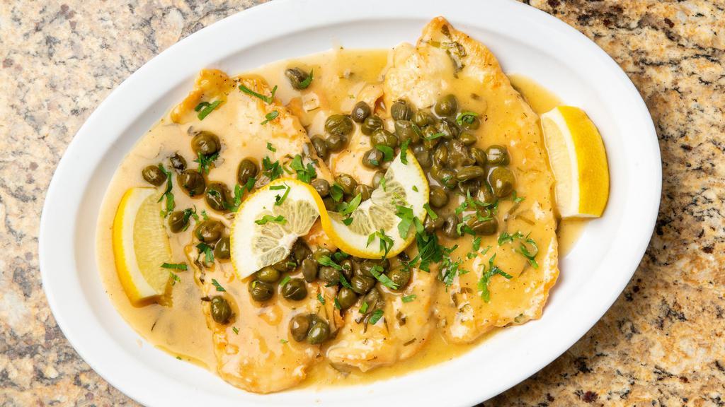 Chicken Piccata · Sautéed capers, touch of lemon juice, and white wine. Served with vegetable or side salad and pasta.