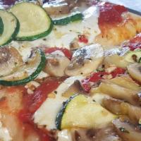 Focaccia Zucchini Pizza · Zucchini, roasted peppers, mushrooms, and mozzarella.