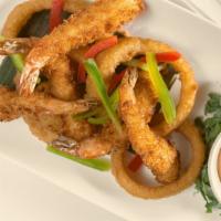 Shrimp Tempura · crispy shrimp and fresh onion rings in a light tempura batter, served with creamy sweet and ...