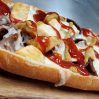 Cheese Steak With Works Hot Sandwich · Peppers, Onions and potatoes, Ketchup and Mustard