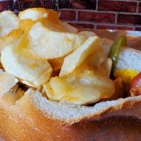Italian Hot Dog · Double hot dog with potatoes, peppers and onions