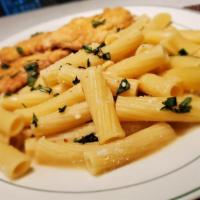 Chicken Francese · Served with penne.